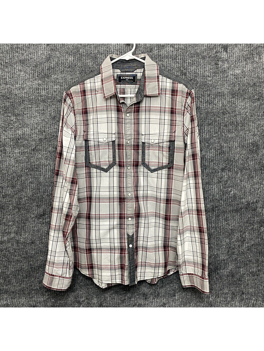 Express Western Pearl Snap Shirt Mens M White Gray Red Plaid Long Sleeve Cowboy